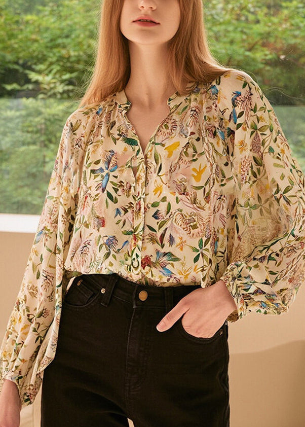 SampleFashion V Neck Print Shirts Lantern Sleeve