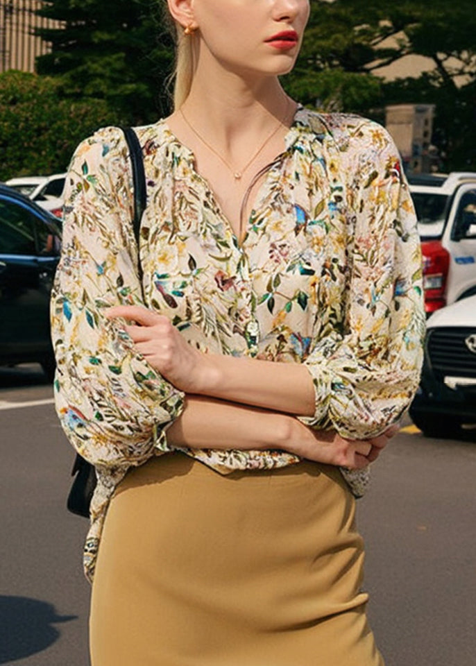 SampleFashion V Neck Print Shirts Lantern Sleeve
