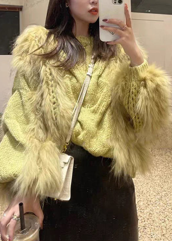 Fuzzy Sweaters Yellow O-Neck Fashion Cozy Fall Cotton Fur Fluffy Knit