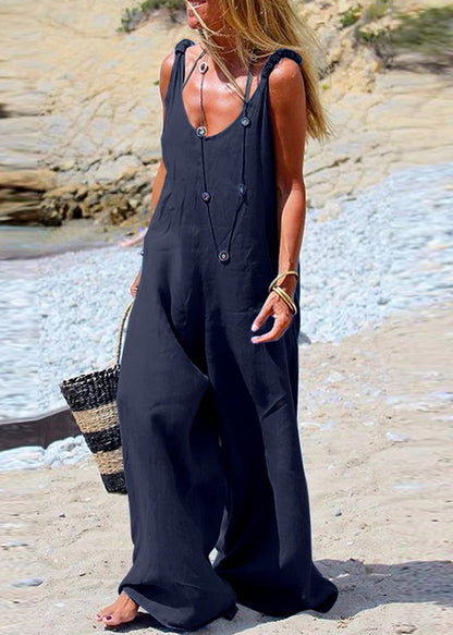 SampleFemale Navy Blue Sleeveless Wide leg Side Button Jumpsuit