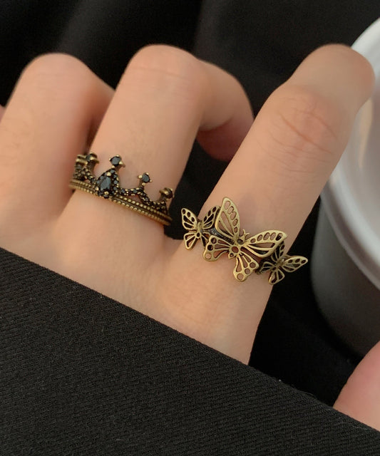 Hollow Two Crown Fine Butterfly Metal Piece Ancient Gold Rings Set Out