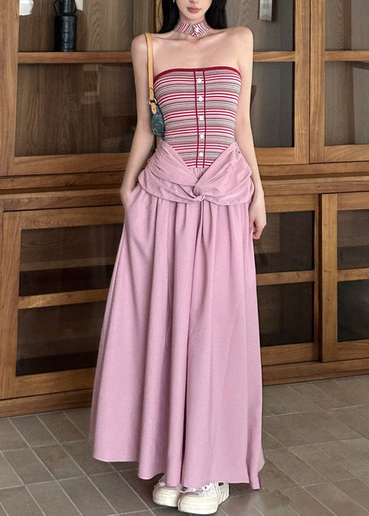 Wholesale SampleFine Pink Striped Patchwork Fake Two Pieces Long Dress Summer