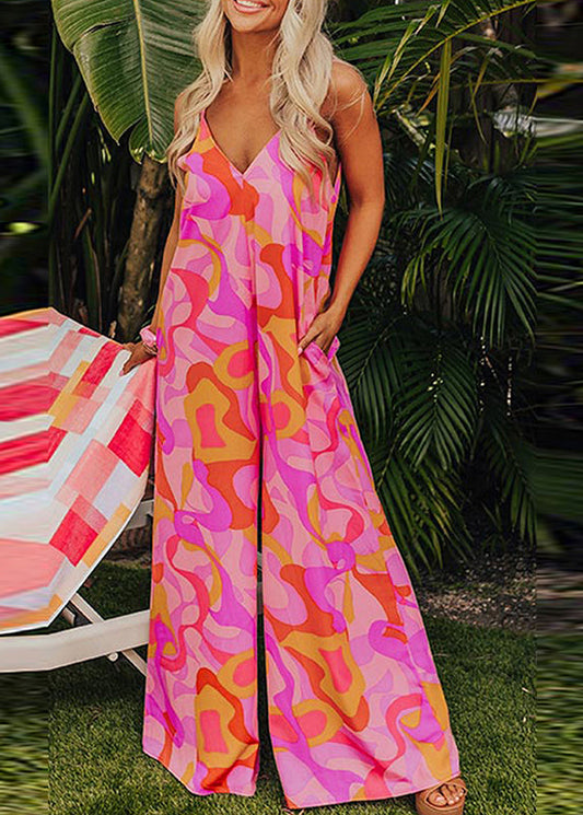 Fine Jumpsuits Neck Pink Summer Pockets V Print