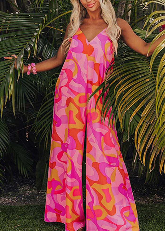 Fine Jumpsuits Neck Pink Summer Pockets V Print