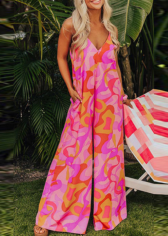 Fine Jumpsuits Neck Pink Summer Pockets V Print
