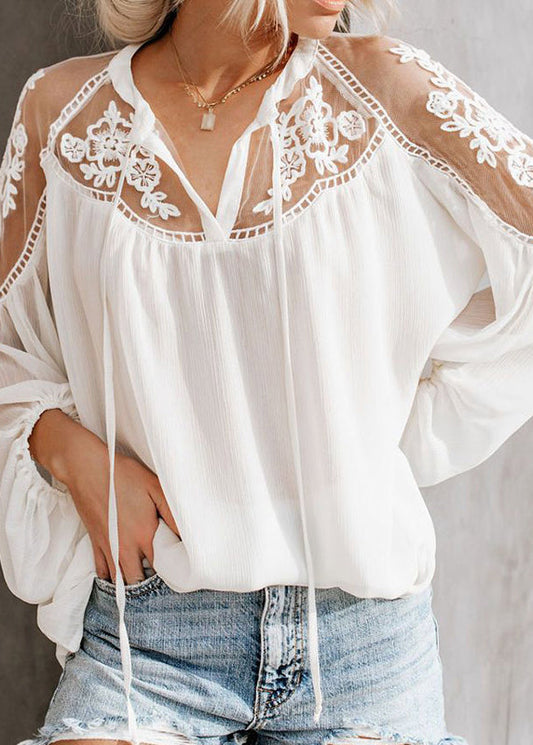V Fine Fall Neck Lace White Patchwork Shirt