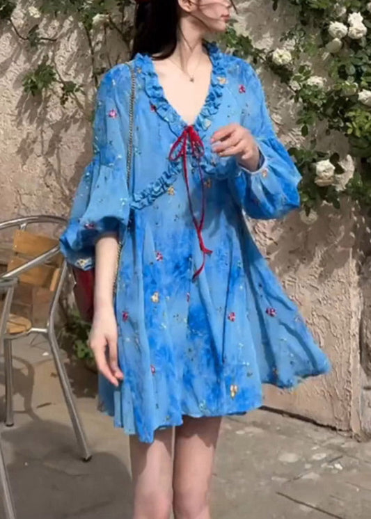 Wholesale SampleFrench Blue Ruffled Puff Sleeve Print Chiffon Dresses