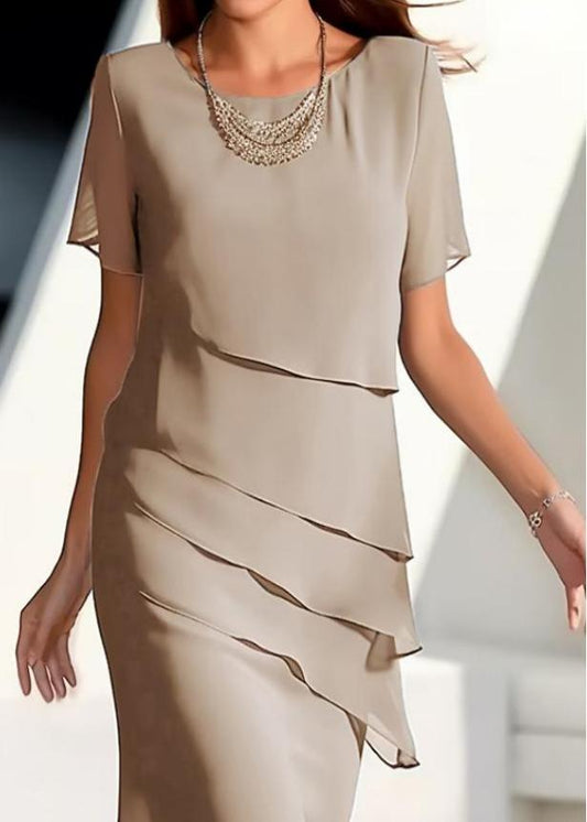 Wholesale SampleFrench Khaki O-Neck Layered Solid Chiffon Maxi Dresses Short Sleeve