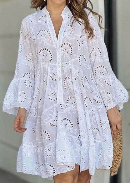 White French Fall Neck Holiday Out Hollow Long Dress Lace V