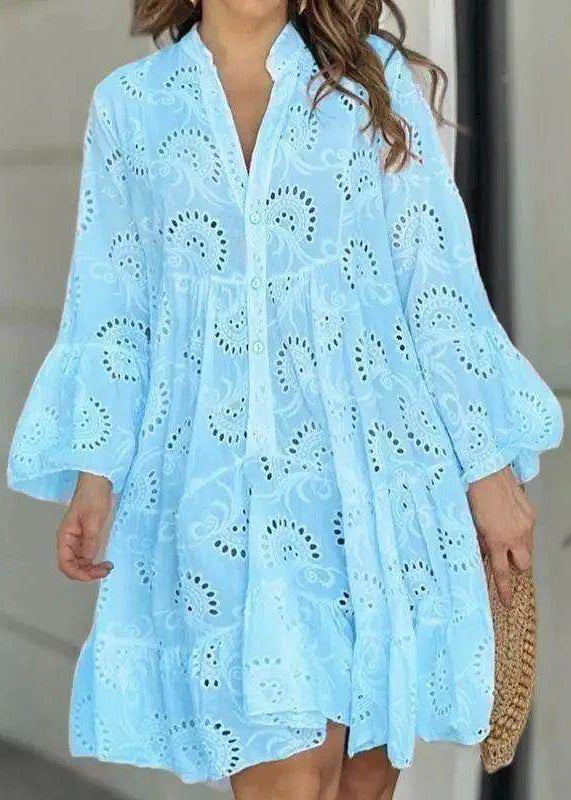White French Fall Neck Holiday Out Hollow Long Dress Lace V