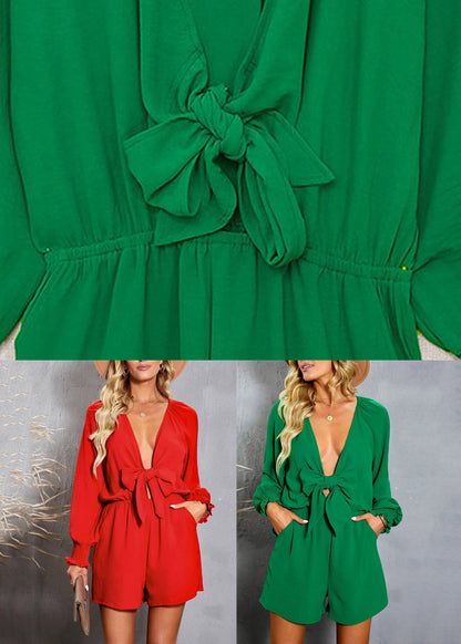 Green Pockets Jumpsuit Sleeve Bow Lantern Elastic Waist