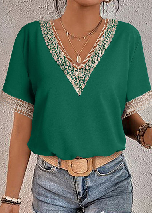 Out Tops Green Hollow V Short Sleeve Neck
