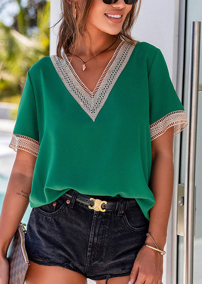Out Tops Green Hollow V Short Sleeve Neck