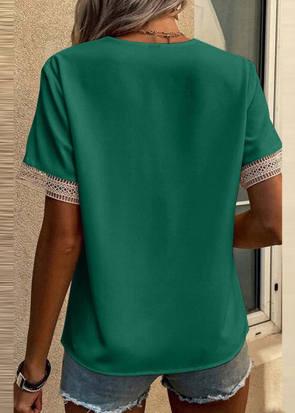 Out Tops Green Hollow V Short Sleeve Neck