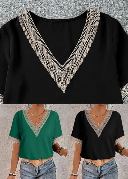 Out Tops Green Hollow V Short Sleeve Neck
