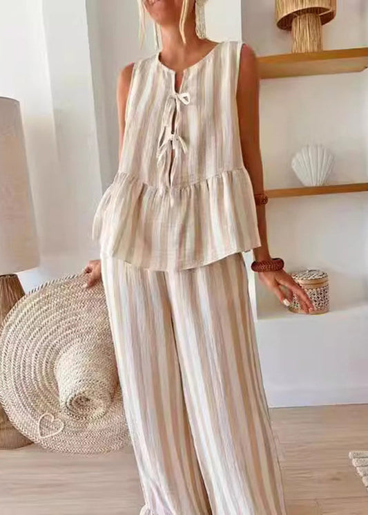O-Neck Two Top Camel Pants Set Summer Striped Leg Handmade Wide Pieces And