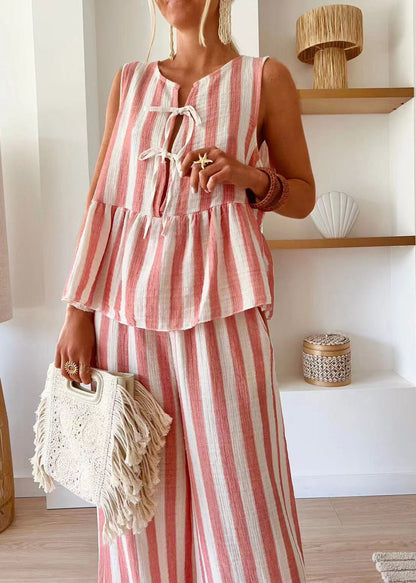 O-Neck Two Top Camel Pants Set Summer Striped Leg Handmade Wide Pieces And