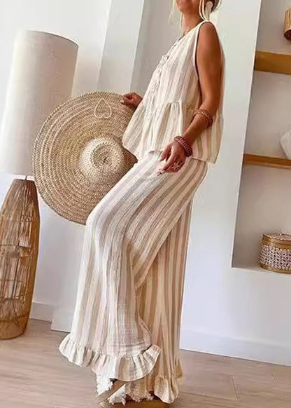 O-Neck Two Top Camel Pants Set Summer Striped Leg Handmade Wide Pieces And