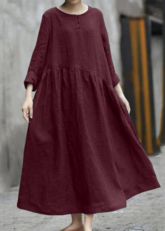 Wholesale SampleHandmade Red O-Neck Patchwork Pockets Robe Dresses Fall