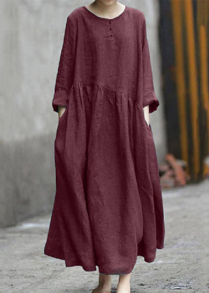 SampleHandmade Red O-Neck Patchwork Pockets Robe Dresses Fall