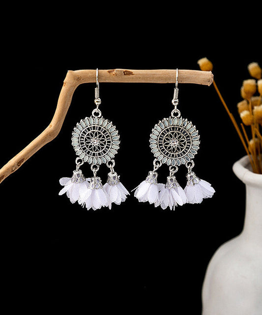 Drop Silver White Chiffon Sterling Zircon Tassel Floral Earrings Handmade