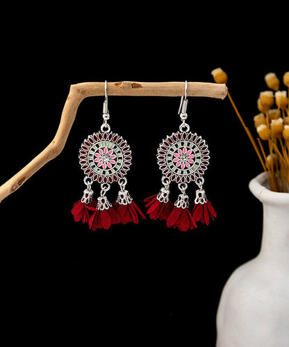 Drop Silver White Chiffon Sterling Zircon Tassel Floral Earrings Handmade