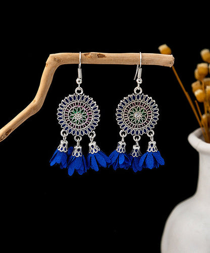 Drop Silver White Chiffon Sterling Zircon Tassel Floral Earrings Handmade