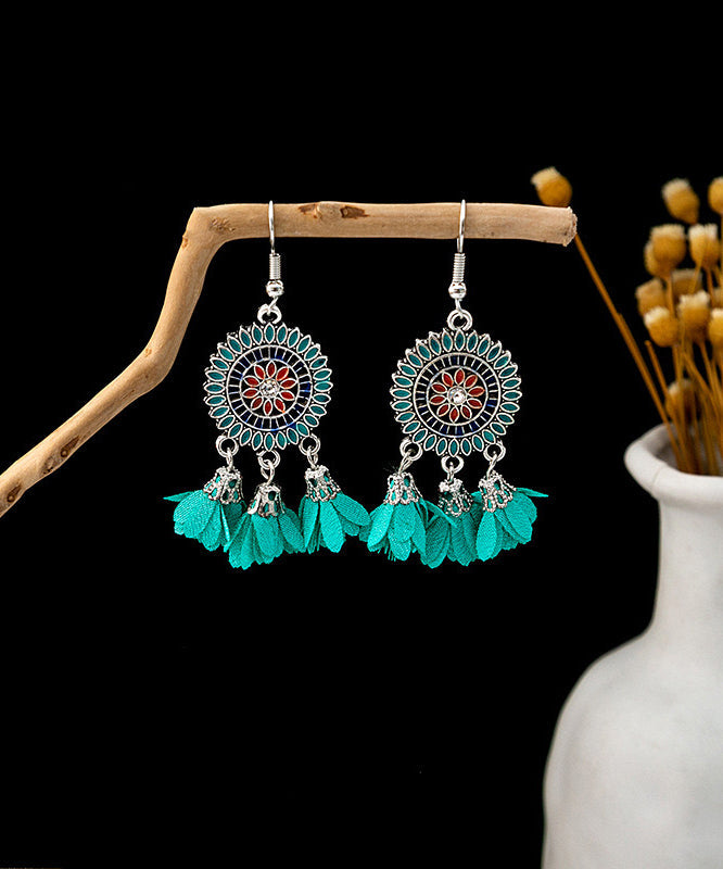 Drop Silver White Chiffon Sterling Zircon Tassel Floral Earrings Handmade