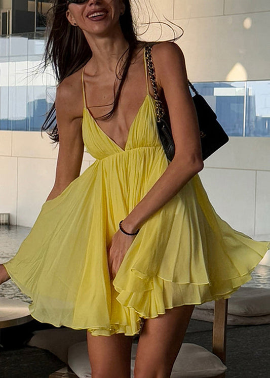 Wholesale SampleItalian Yellow V Neck Patchwork Backless Mid Spaghetti Strap Dress Summer
