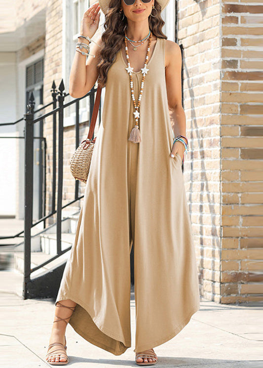 Pockets Sleeveless Patchwork Jumpsuit Khaki