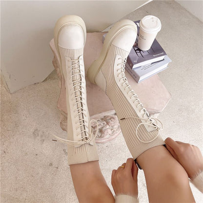 Lace-Up Panel Platform Boots Tall Knit