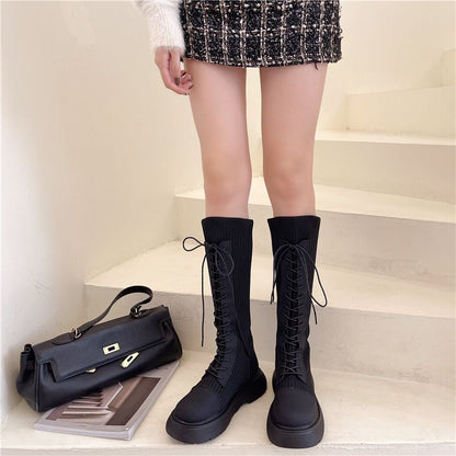 Lace-Up Panel Platform Boots Tall Knit