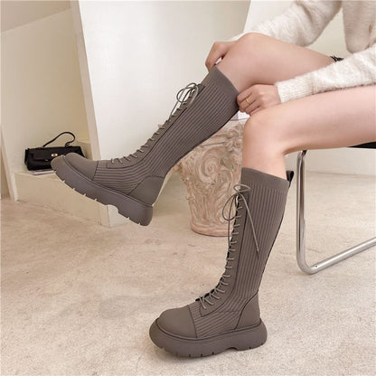 Lace-Up Panel Platform Boots Tall Knit