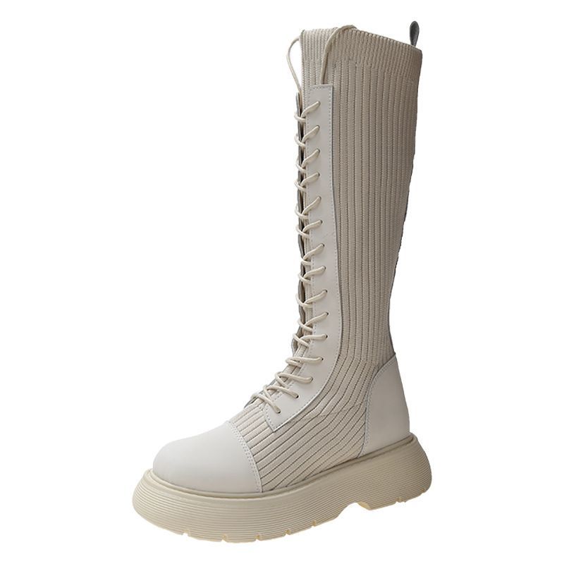 Lace-Up Panel Platform Boots Tall Knit