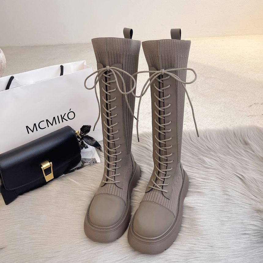 Lace-Up Panel Platform Boots Tall Knit