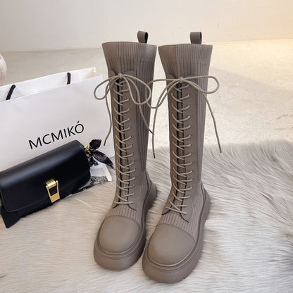 Lace-Up Panel Platform Boots Tall Knit