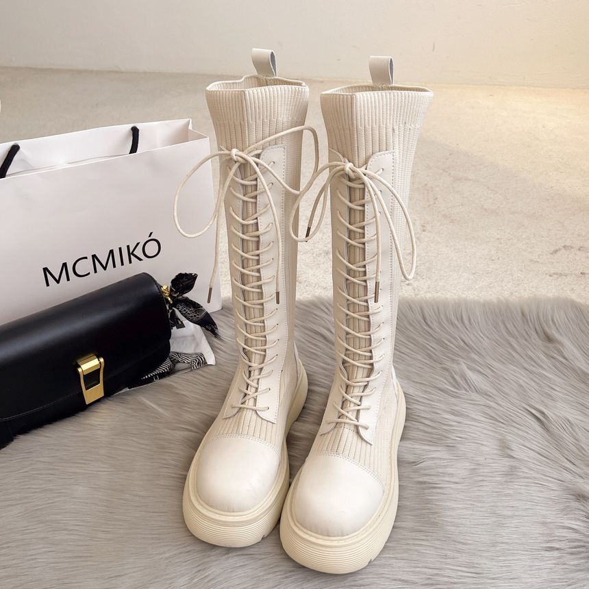 Lace-Up Panel Platform Boots Tall Knit