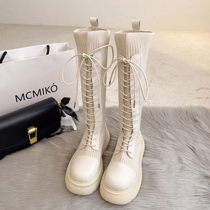 Lace-Up Panel Platform Boots Tall Knit