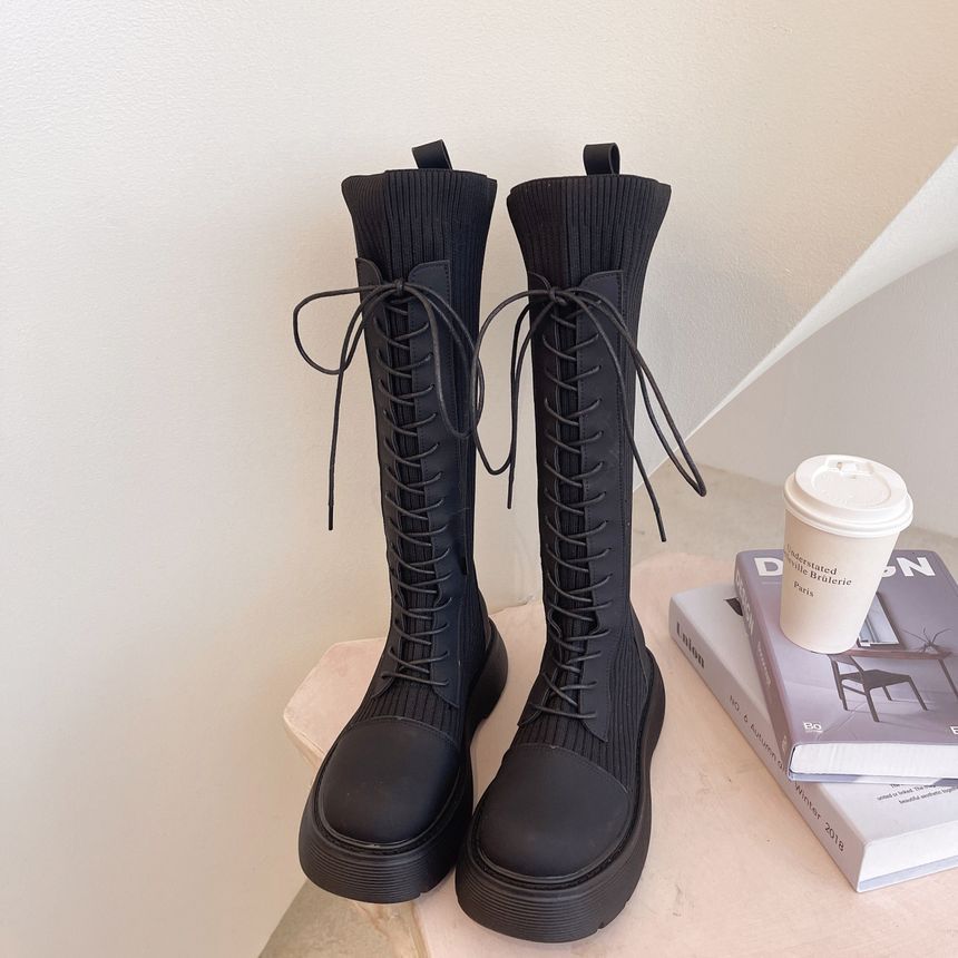 Lace-Up Panel Platform Boots Tall Knit