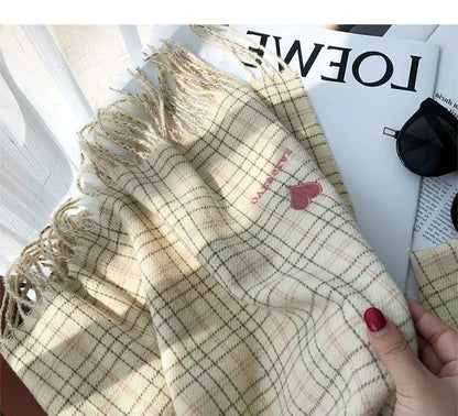 Scarf Heart Embroidered Plaid