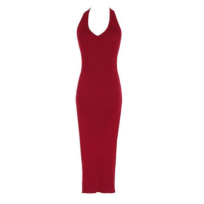Halter V-Neck Slim-Fit Plain Sleeveless Dress