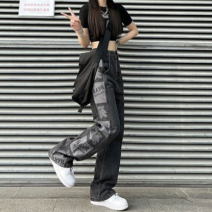 Baggy Jeans High Graphic Waist Print