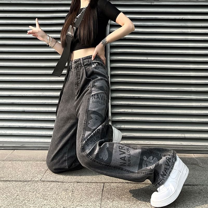 Baggy Jeans High Graphic Waist Print