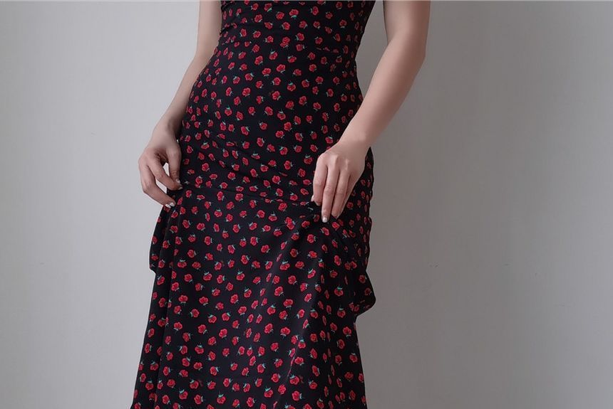 Sleeveless Rose Print Slim-Fit Mini Dress / Spaghetti Strap Floral Print Midi Dress