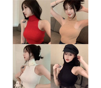Plain Turtleneck Sleeveless Top