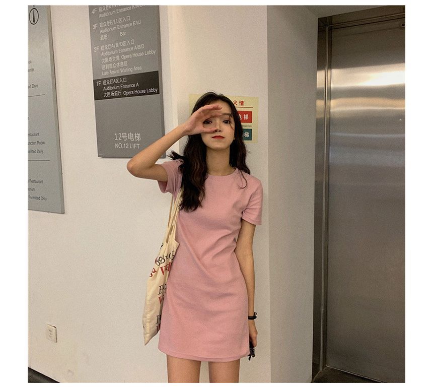 T-Shirt Short-Sleeve Mini Plain Neck Dress Round
