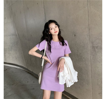T-Shirt Short-Sleeve Mini Plain Neck Dress Round