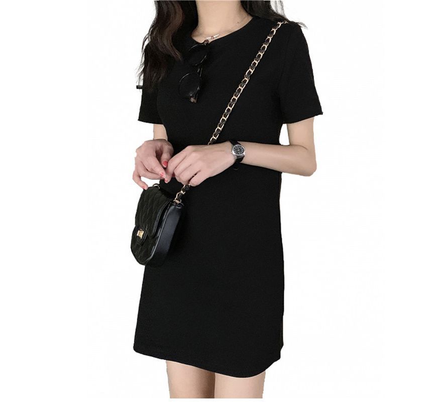 T-Shirt Short-Sleeve Mini Plain Neck Dress Round