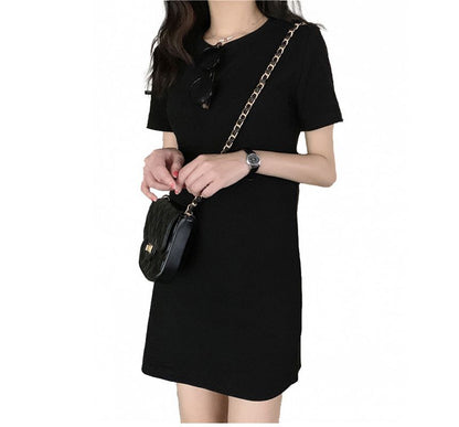 T-Shirt Short-Sleeve Mini Plain Neck Dress Round