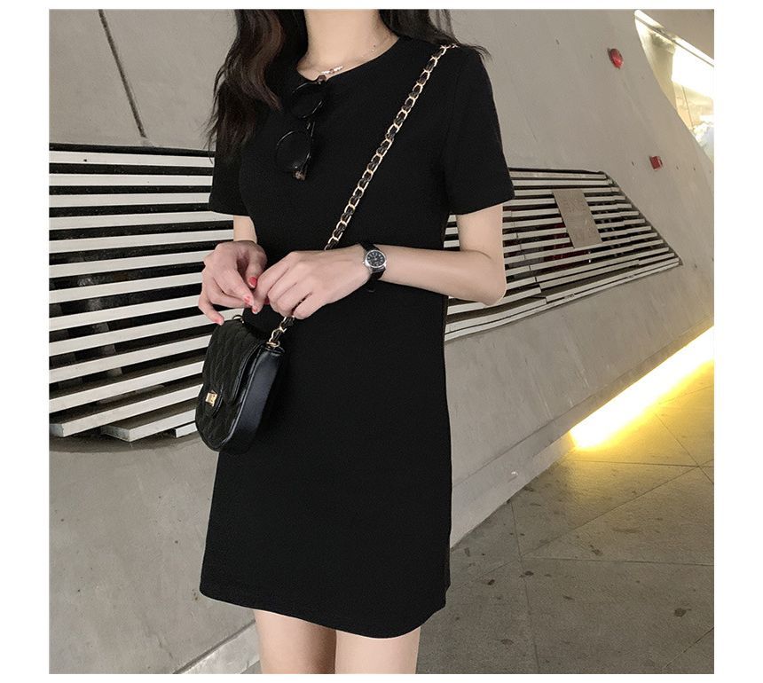 T-Shirt Short-Sleeve Mini Plain Neck Dress Round